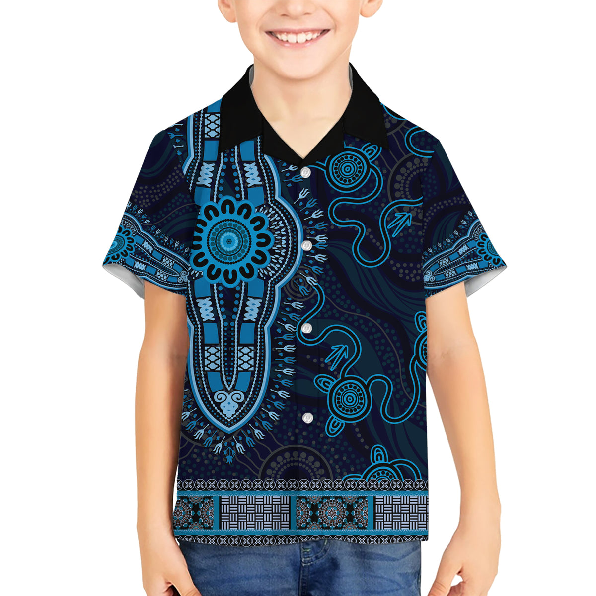 Blue African Dashiki With Australia Aboriginal Art Kid Hawaiian Shirt