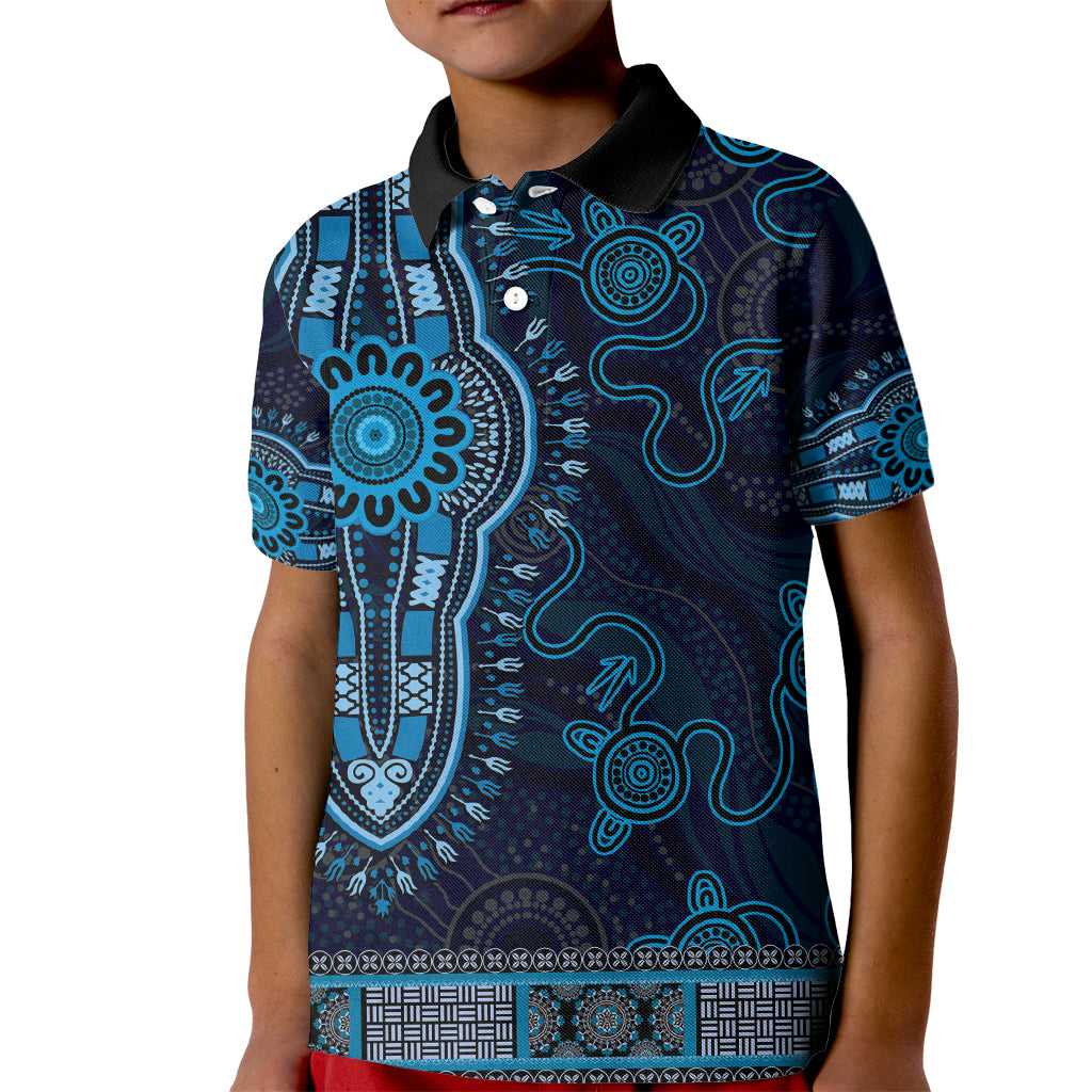 Blue African Dashiki With Australia Aboriginal Art Kid Polo Shirt