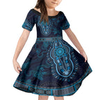 Blue African Dashiki With Australia Aboriginal Art Kid Short Sleeve Dress