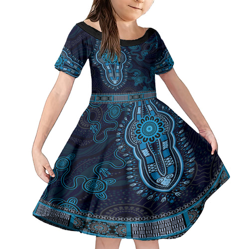 Blue African Dashiki With Australia Aboriginal Art Kid Short Sleeve Dress