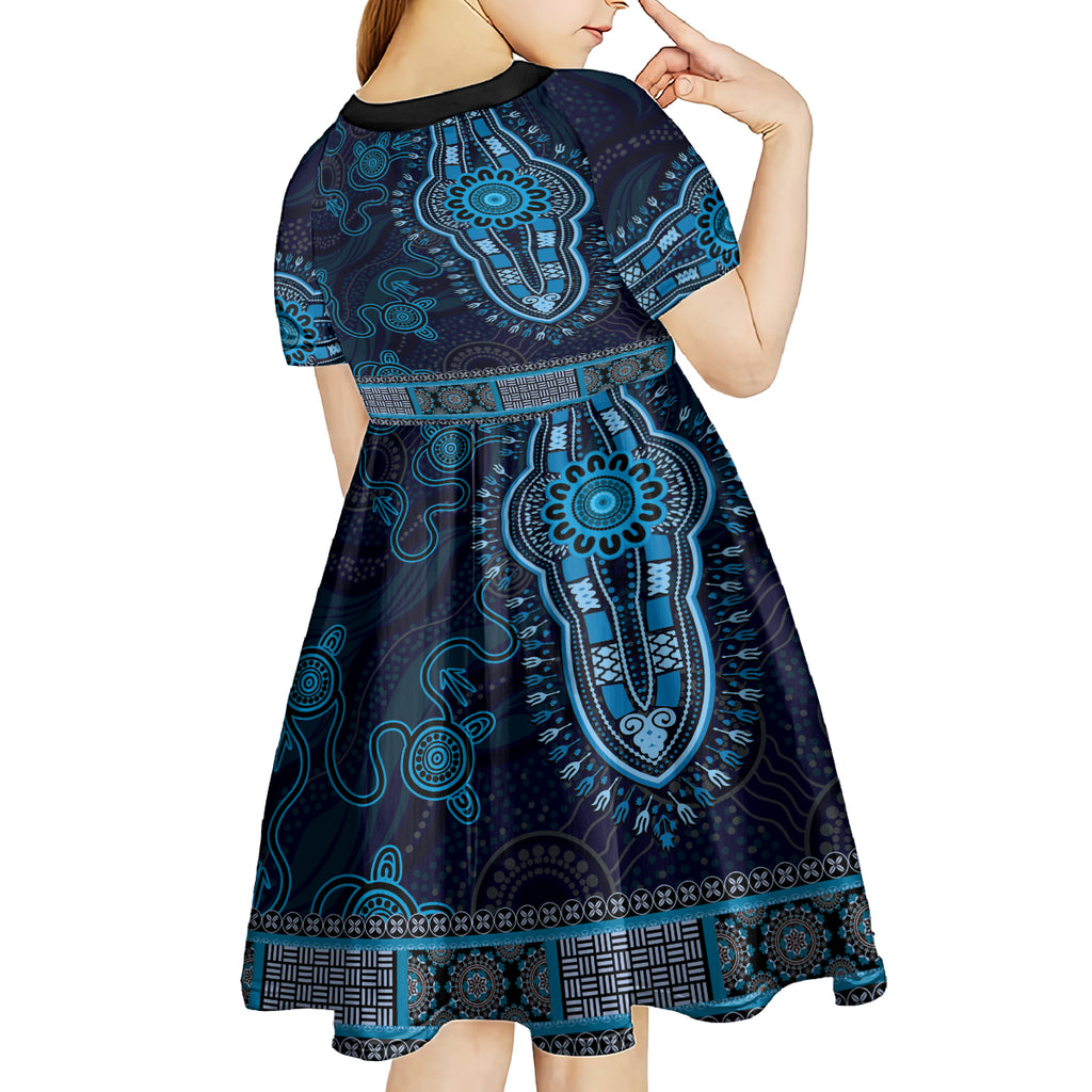Blue African Dashiki With Australia Aboriginal Art Kid Short Sleeve Dress