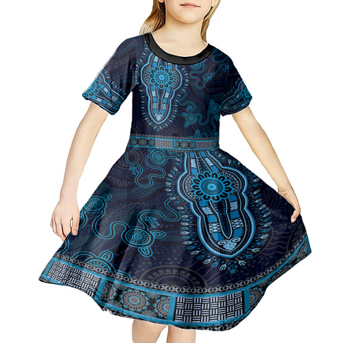 Blue African Dashiki With Australia Aboriginal Art Kid Short Sleeve Dress
