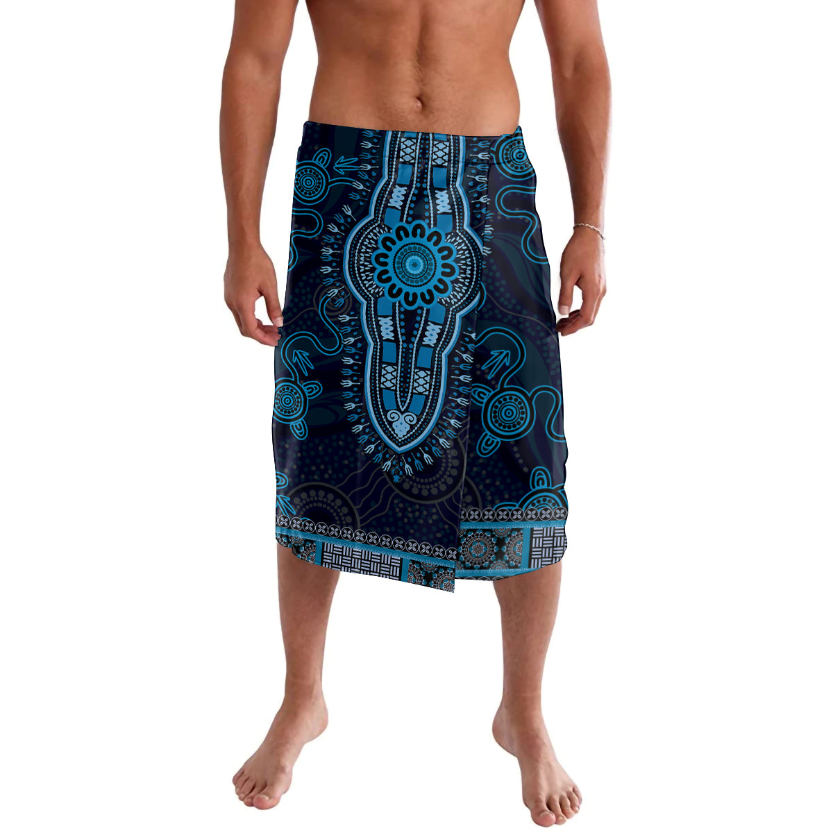 Blue African Dashiki With Australia Aboriginal Art Lavalava