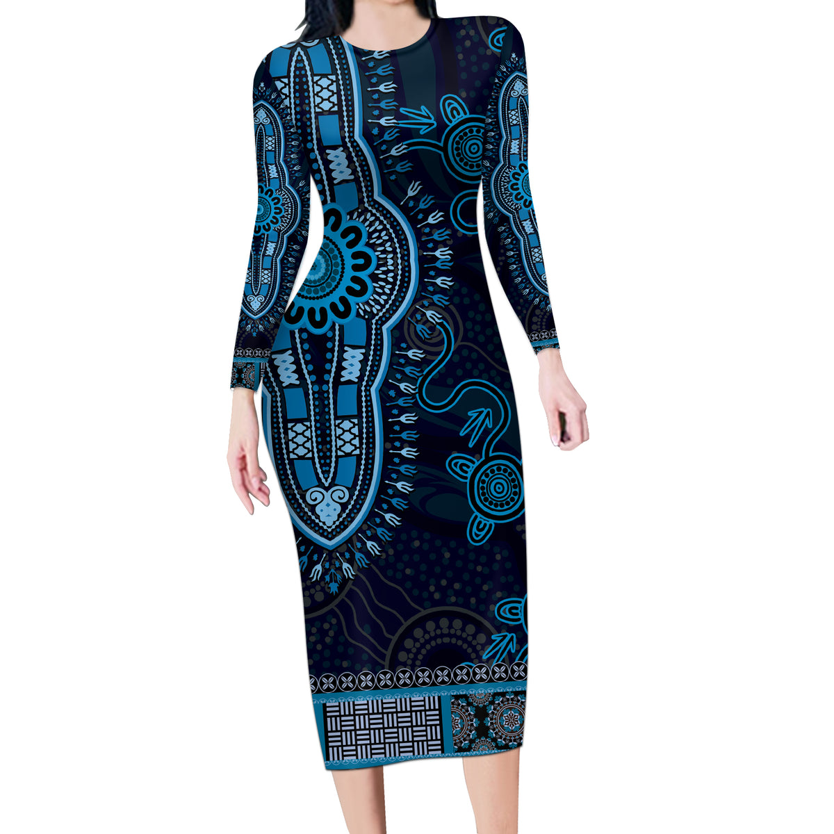 Blue African Dashiki With Australia Aboriginal Art Long Sleeve Bodycon Dress