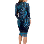 Blue African Dashiki With Australia Aboriginal Art Long Sleeve Bodycon Dress