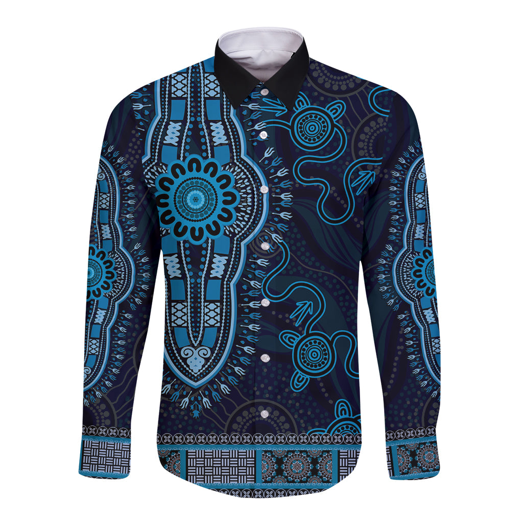 Blue African Dashiki With Australia Aboriginal Art Long Sleeve Button Shirt