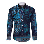 Blue African Dashiki With Australia Aboriginal Art Long Sleeve Button Shirt