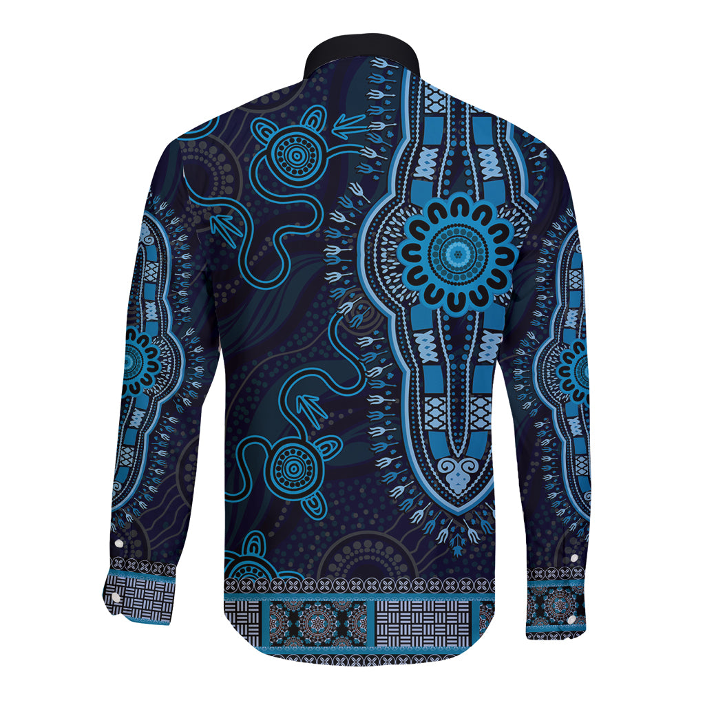 Blue African Dashiki With Australia Aboriginal Art Long Sleeve Button Shirt