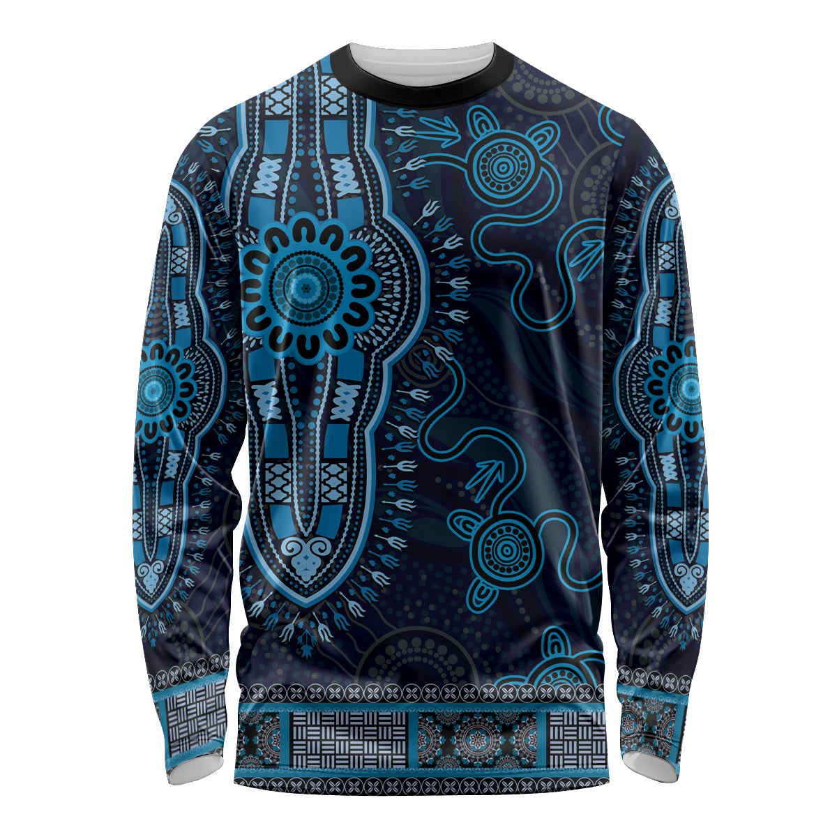 Blue African Dashiki With Australia Aboriginal Art Long Sleeve Shirt
