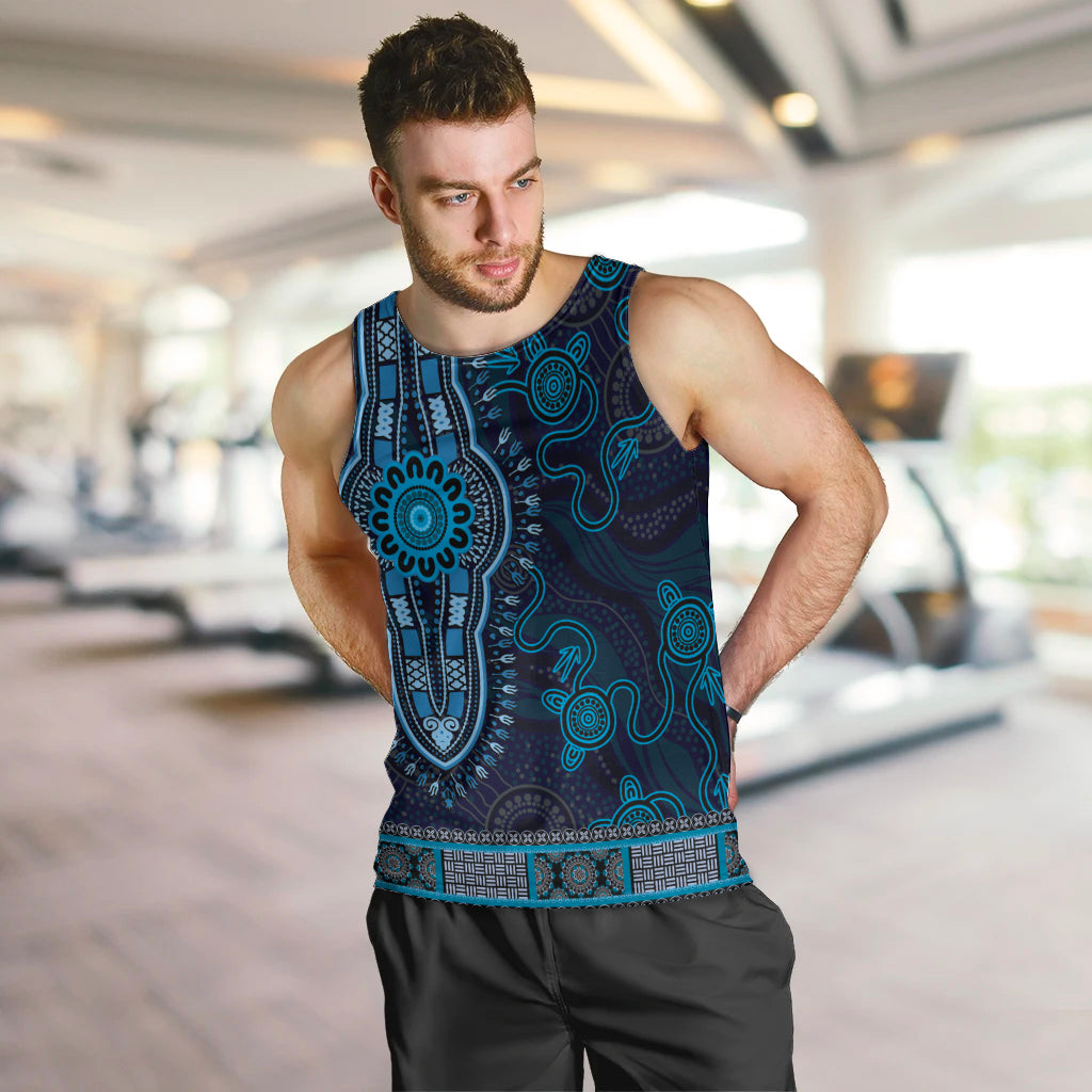 Blue African Dashiki With Australia Aboriginal Art Men Tank Top