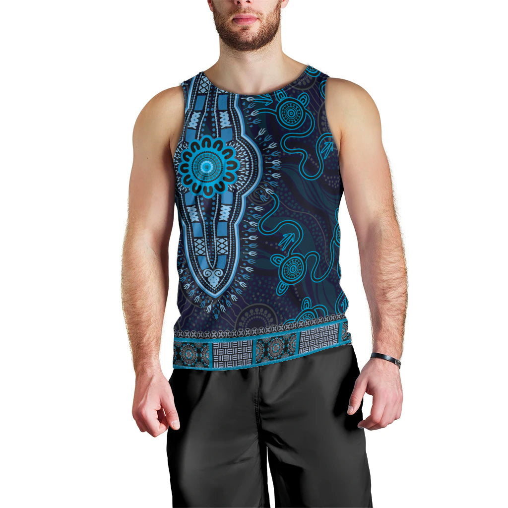 Blue African Dashiki With Australia Aboriginal Art Men Tank Top