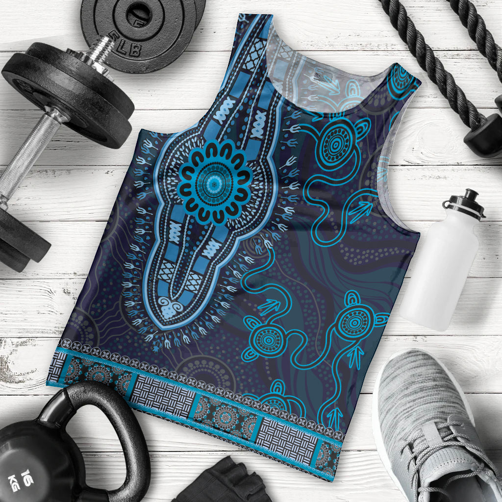 Blue African Dashiki With Australia Aboriginal Art Men Tank Top