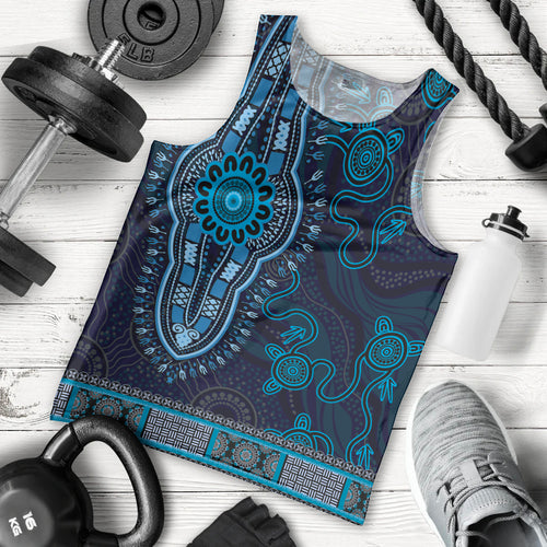 Blue African Dashiki With Australia Aboriginal Art Men Tank Top