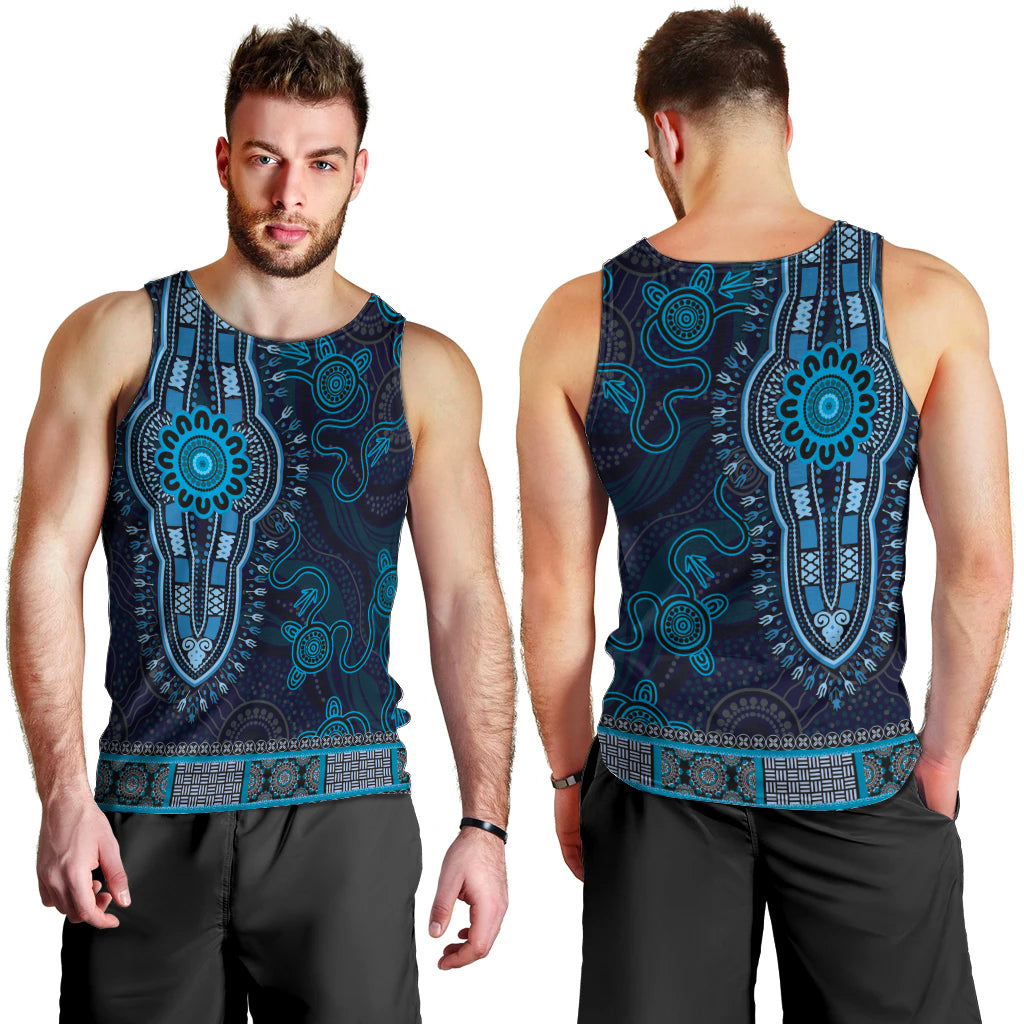 Blue African Dashiki With Australia Aboriginal Art Men Tank Top