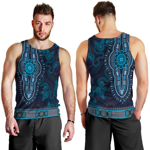 Blue African Dashiki With Australia Aboriginal Art Men Tank Top