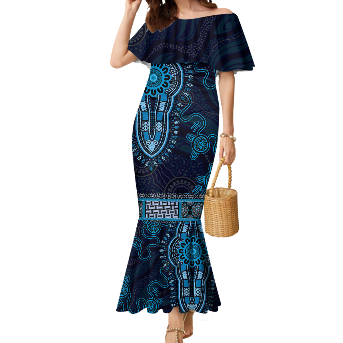 Blue African Dashiki With Australia Aboriginal Art Mermaid Dress