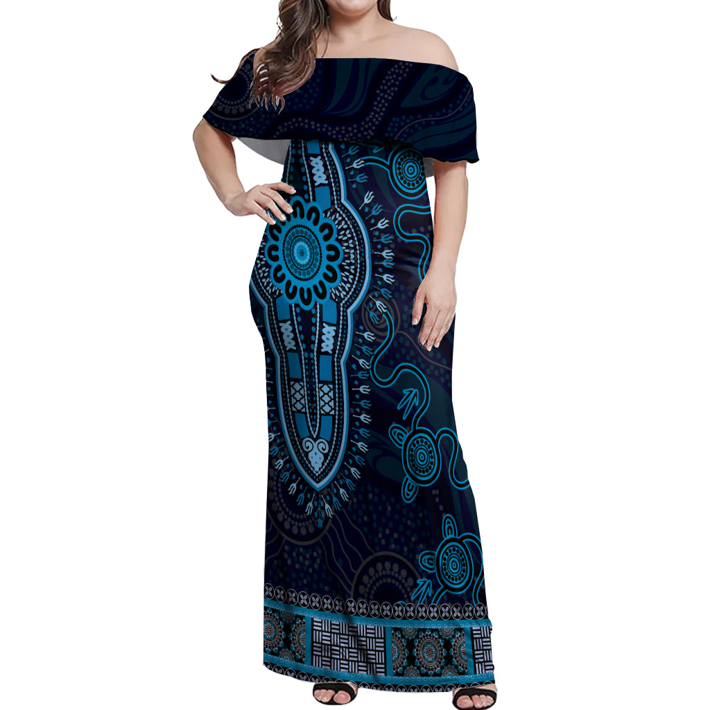 Blue African Dashiki With Australia Aboriginal Art Off Shoulder Maxi Dress