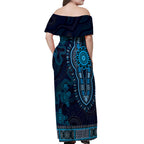Blue African Dashiki With Australia Aboriginal Art Off Shoulder Maxi Dress