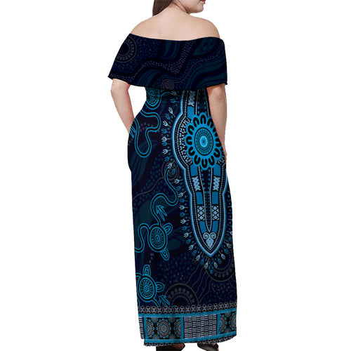 Blue African Dashiki With Australia Aboriginal Art Off Shoulder Maxi Dress