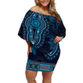 Blue African Dashiki With Australia Aboriginal Art Off Shoulder Short Dress