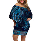 Blue African Dashiki With Australia Aboriginal Art Off Shoulder Short Dress