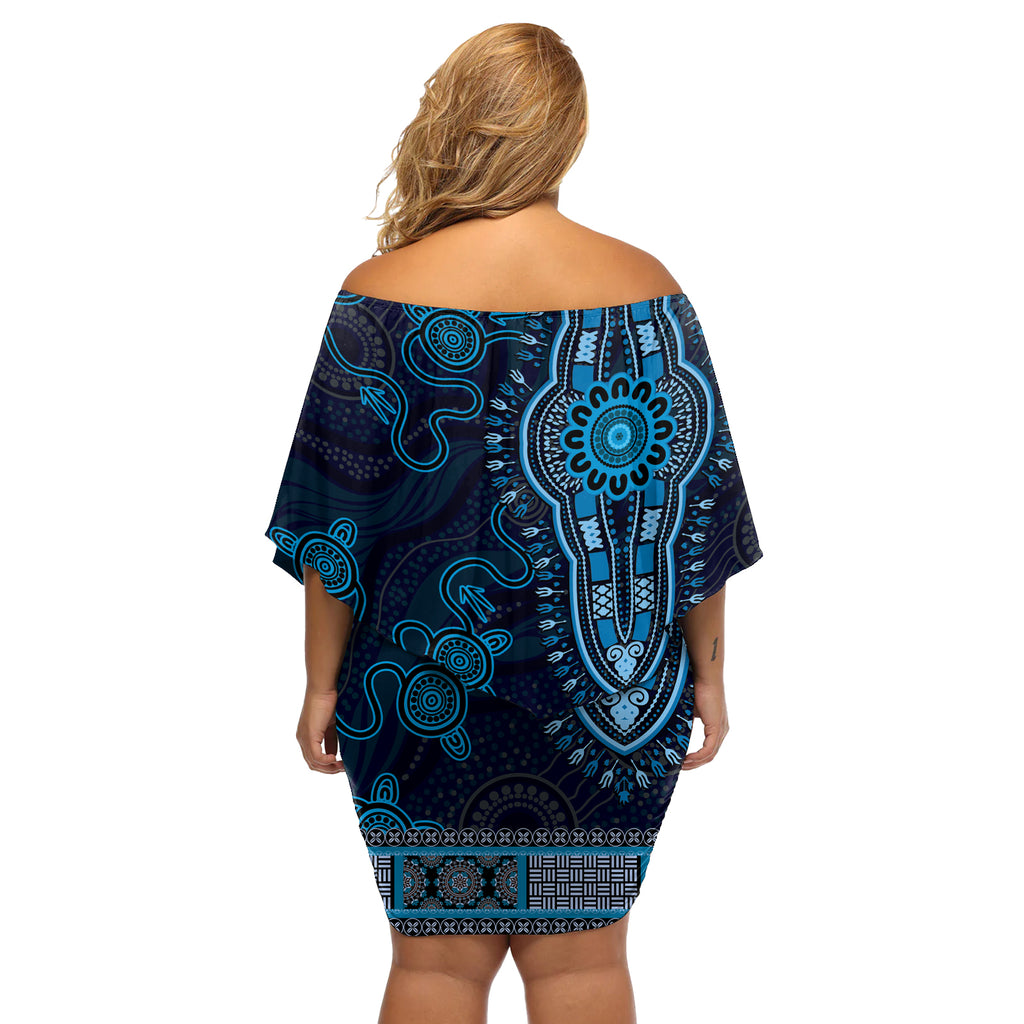 Blue African Dashiki With Australia Aboriginal Art Off Shoulder Short Dress