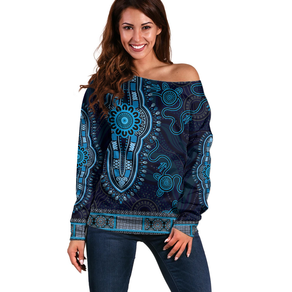 Blue African Dashiki With Australia Aboriginal Art Off Shoulder Sweater