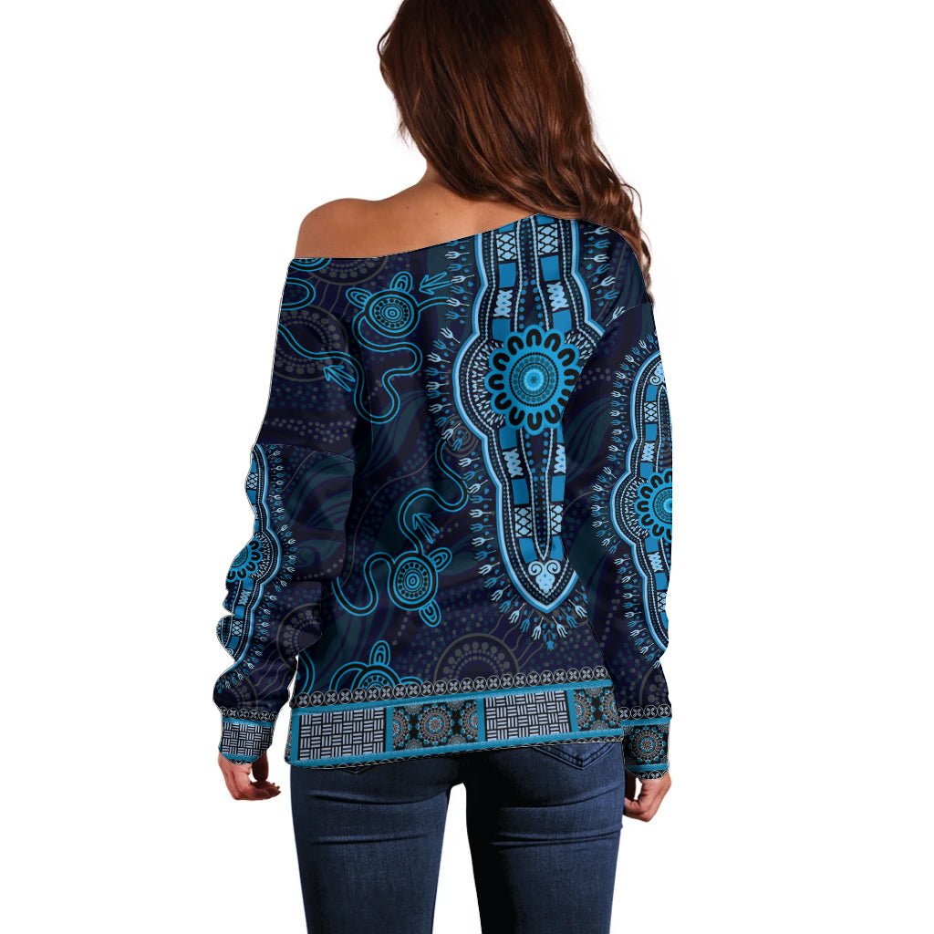 Blue African Dashiki With Australia Aboriginal Art Off Shoulder Sweater