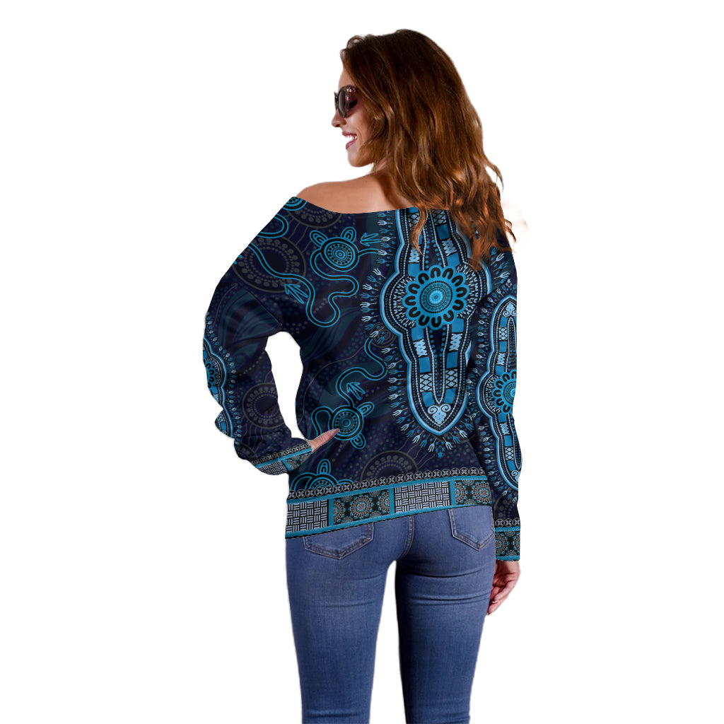 Blue African Dashiki With Australia Aboriginal Art Off Shoulder Sweater