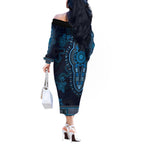 Blue African Dashiki With Australia Aboriginal Art Off The Shoulder Long Sleeve Dress