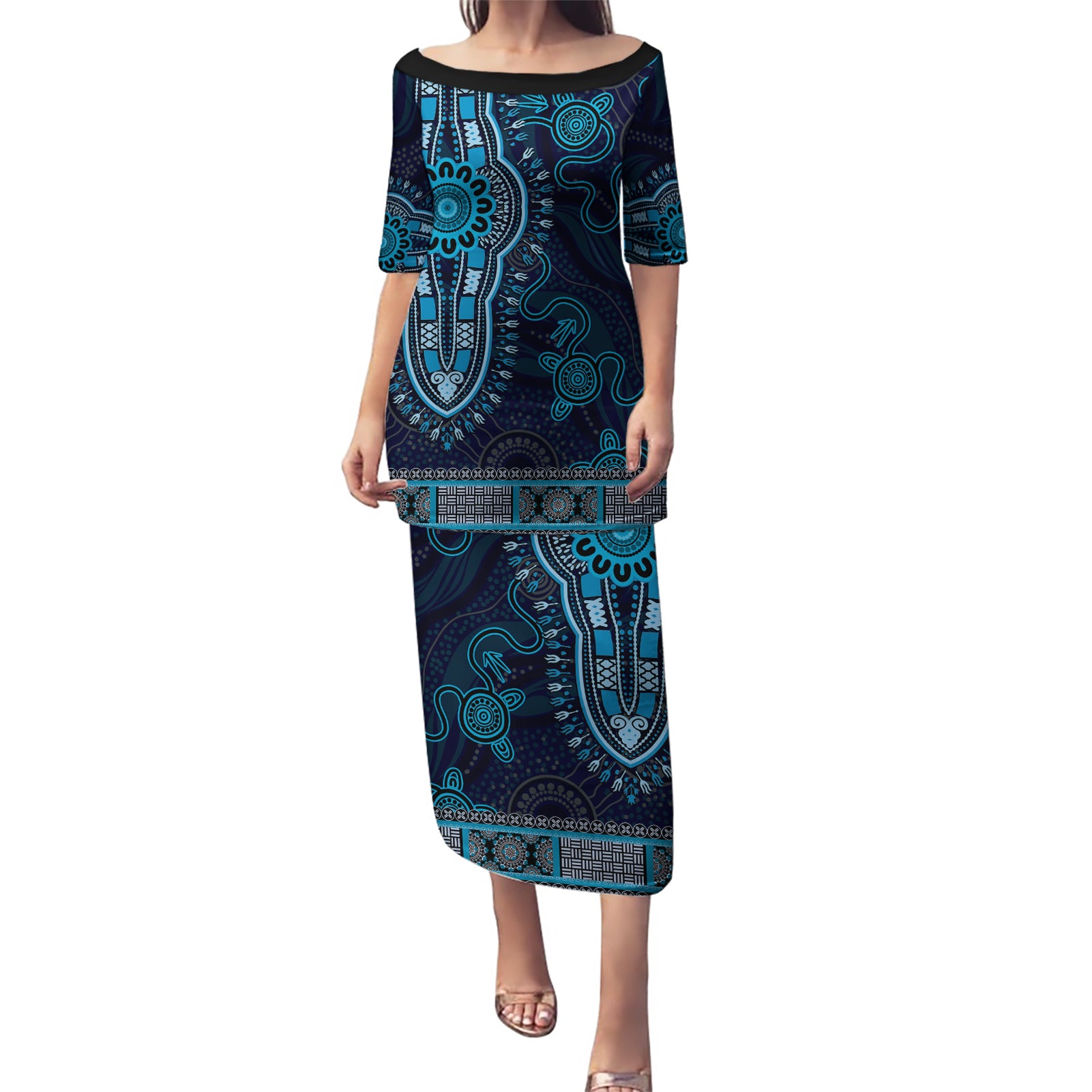 Blue African Dashiki With Australia Aboriginal Art Puletasi
