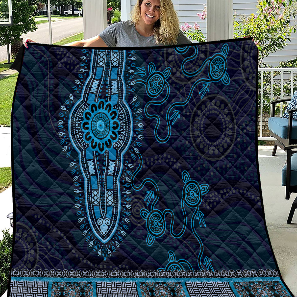 Blue African Dashiki With Australia Aboriginal Art Quilt