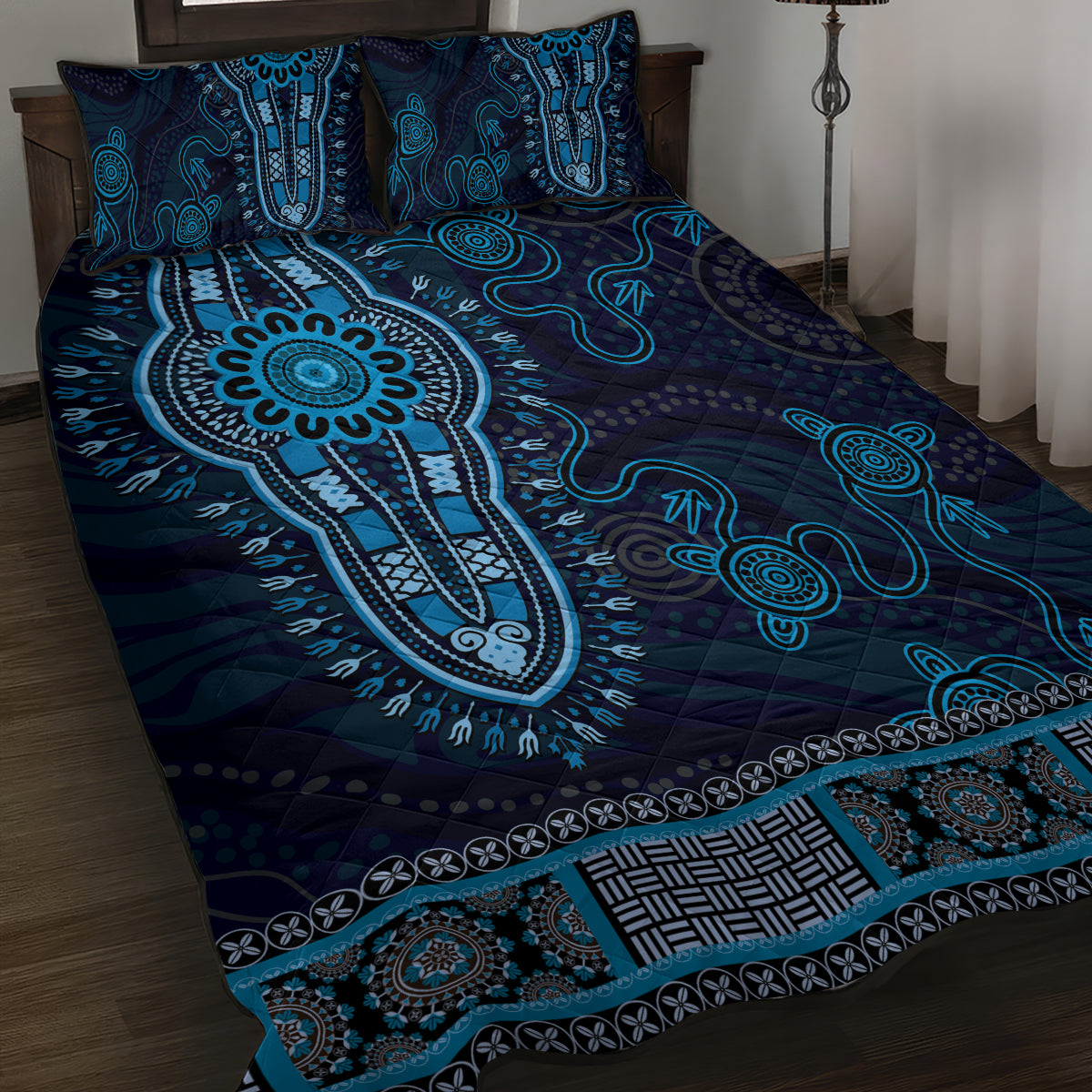 Blue African Dashiki With Australia Aboriginal Art Quilt Bed Set