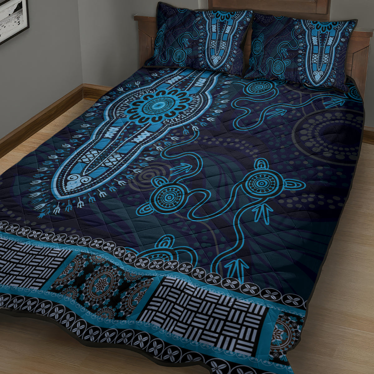 Blue African Dashiki With Australia Aboriginal Art Quilt Bed Set