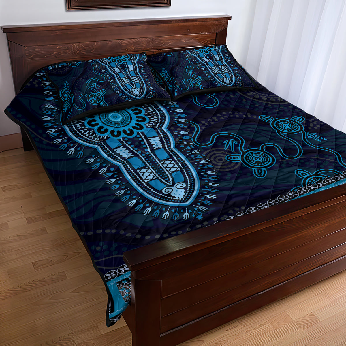 Blue African Dashiki With Australia Aboriginal Art Quilt Bed Set