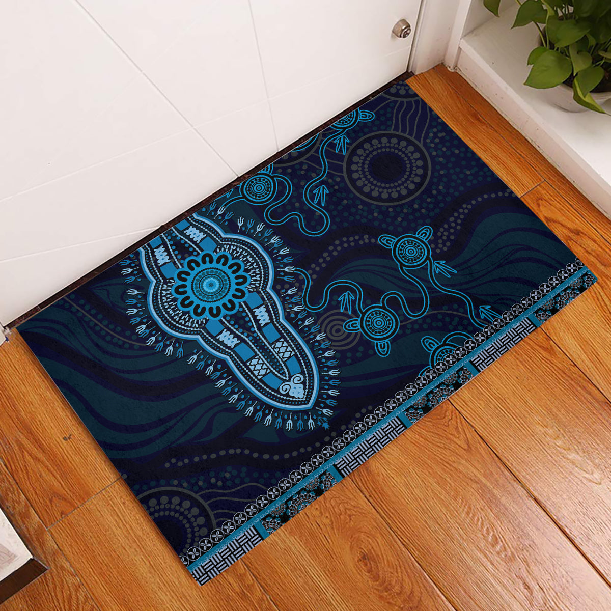 Blue African Dashiki With Australia Aboriginal Art Rubber Doormat