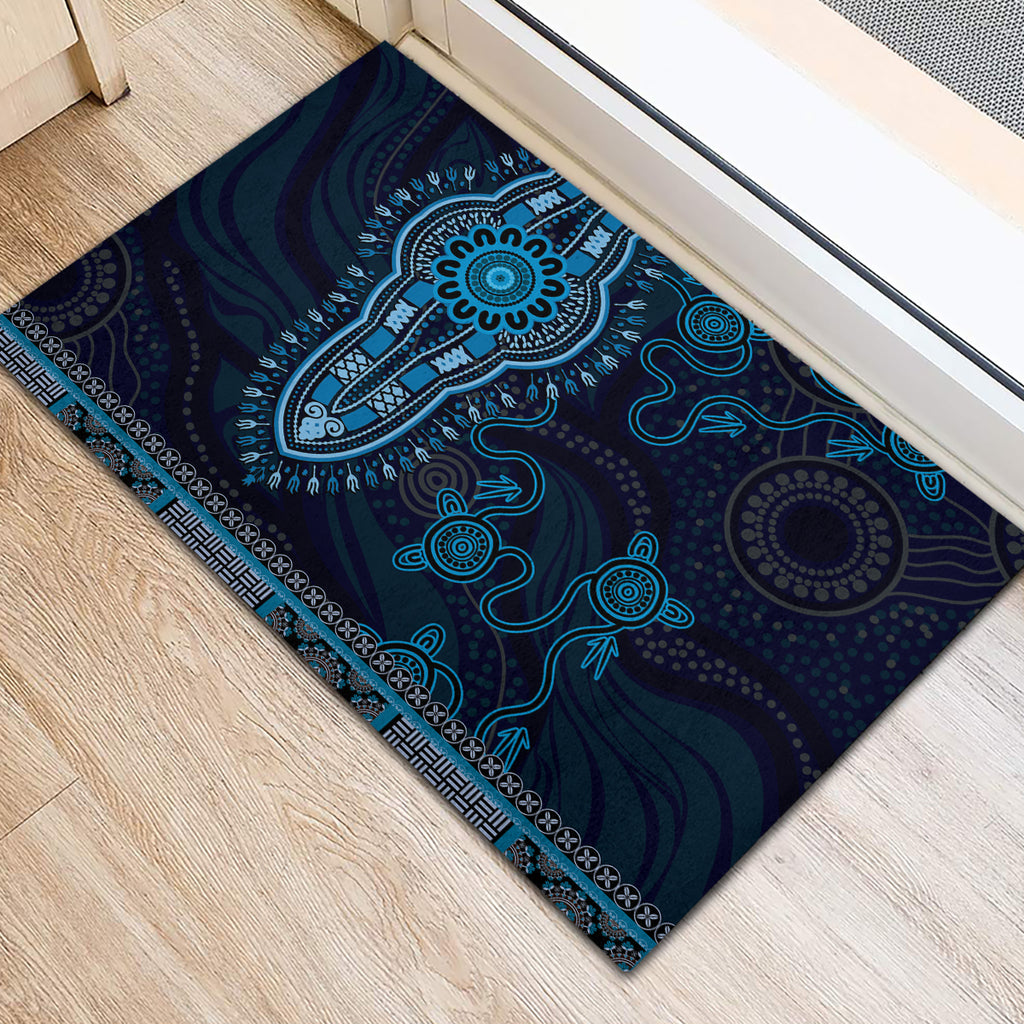 Blue African Dashiki With Australia Aboriginal Art Rubber Doormat