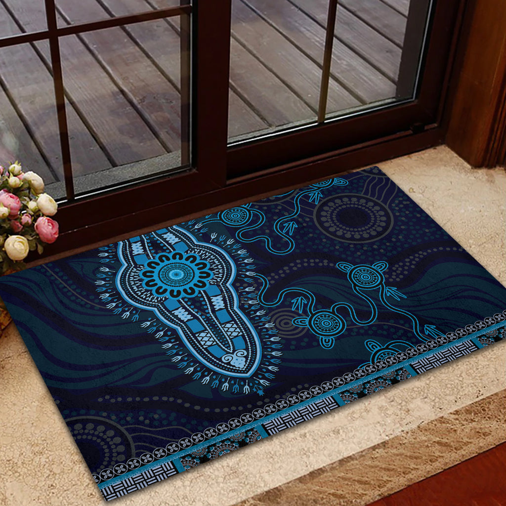 Blue African Dashiki With Australia Aboriginal Art Rubber Doormat