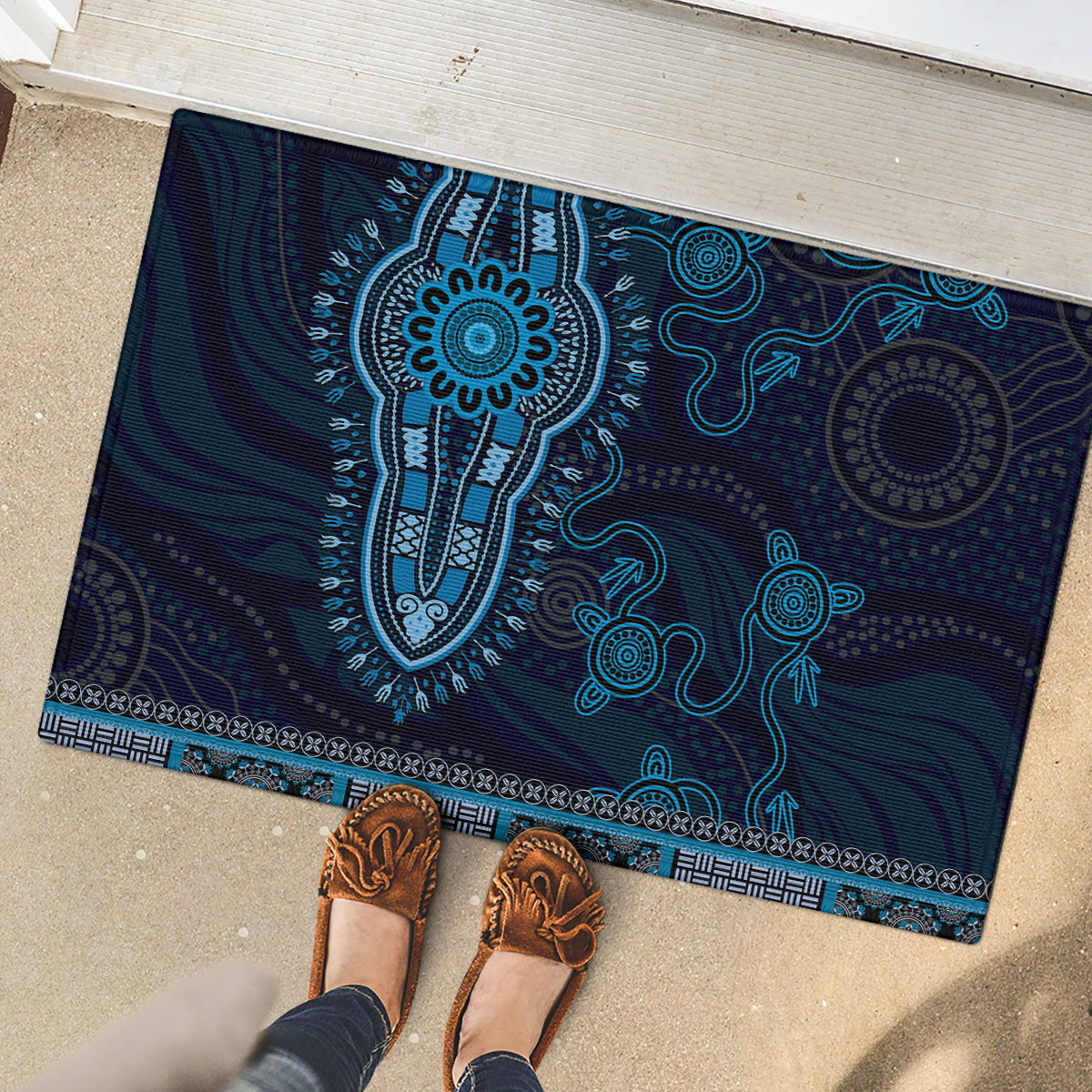 Blue African Dashiki With Australia Aboriginal Art Rubber Doormat