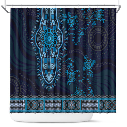 Blue African Dashiki With Australia Aboriginal Art Shower Curtain