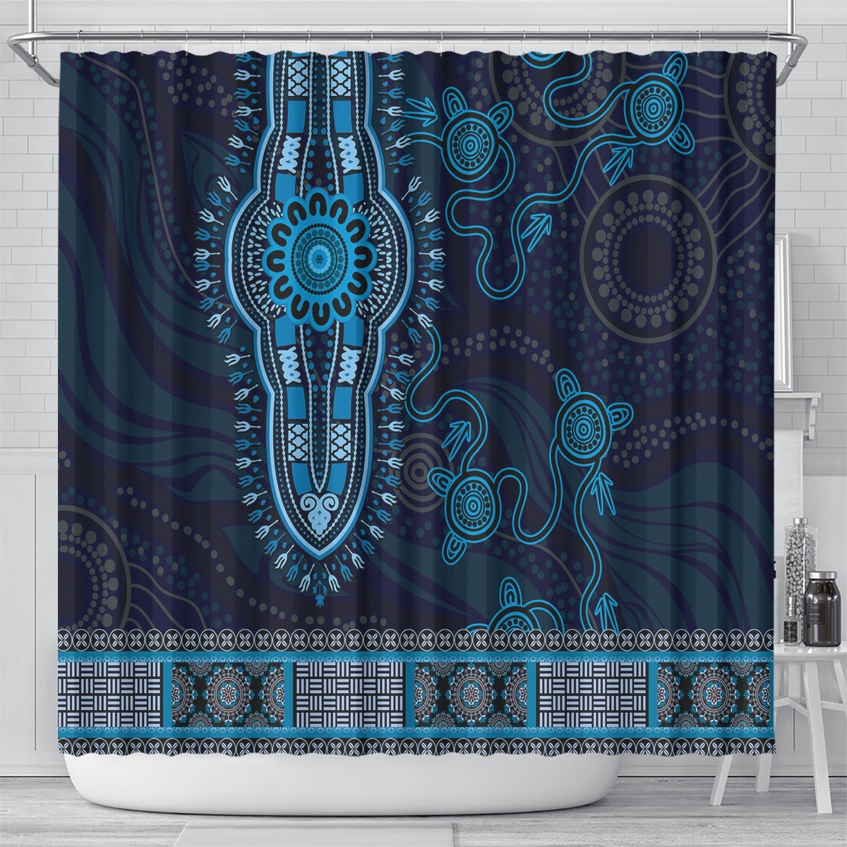 Blue African Dashiki With Australia Aboriginal Art Shower Curtain