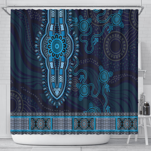 Blue African Dashiki With Australia Aboriginal Art Shower Curtain