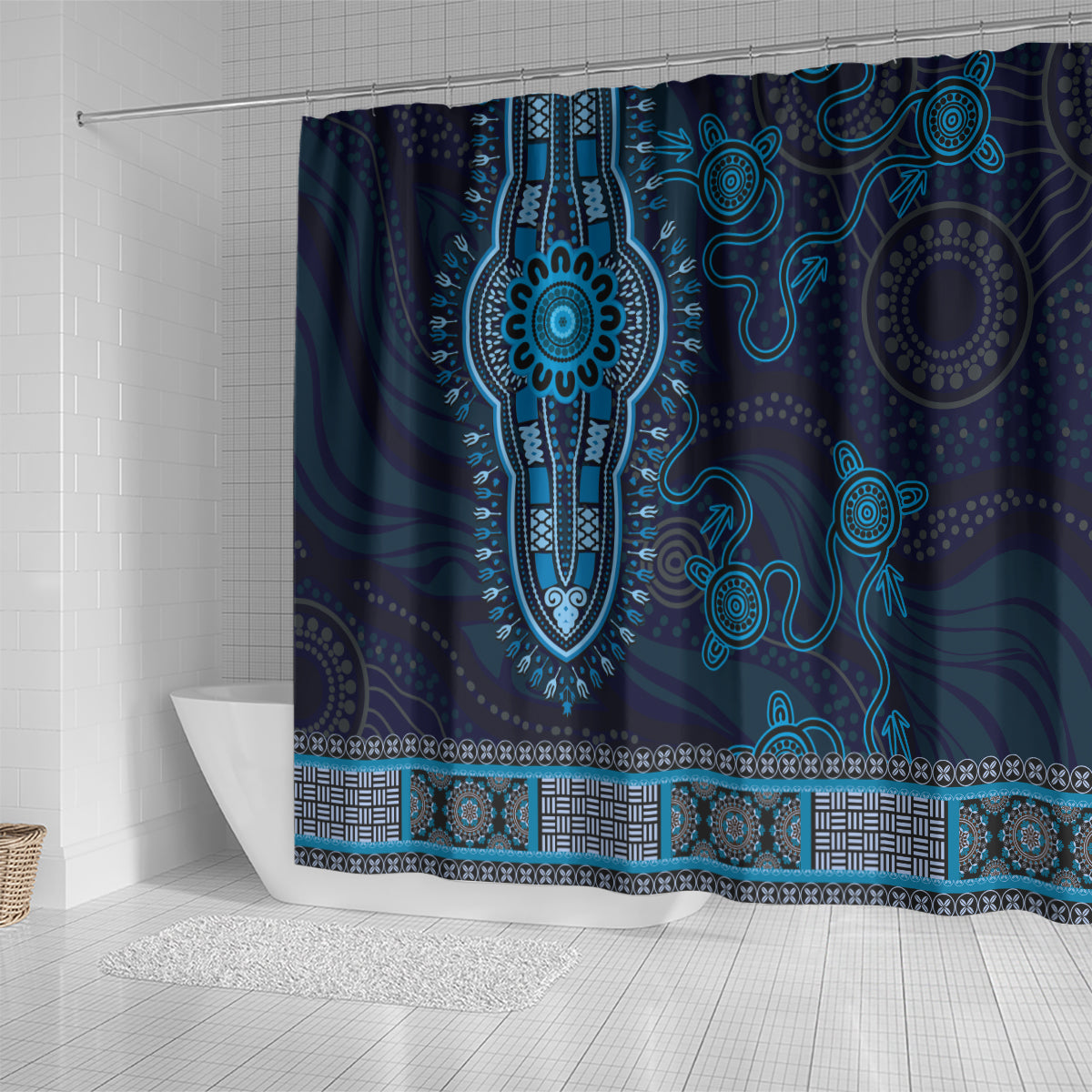 Blue African Dashiki With Australia Aboriginal Art Shower Curtain