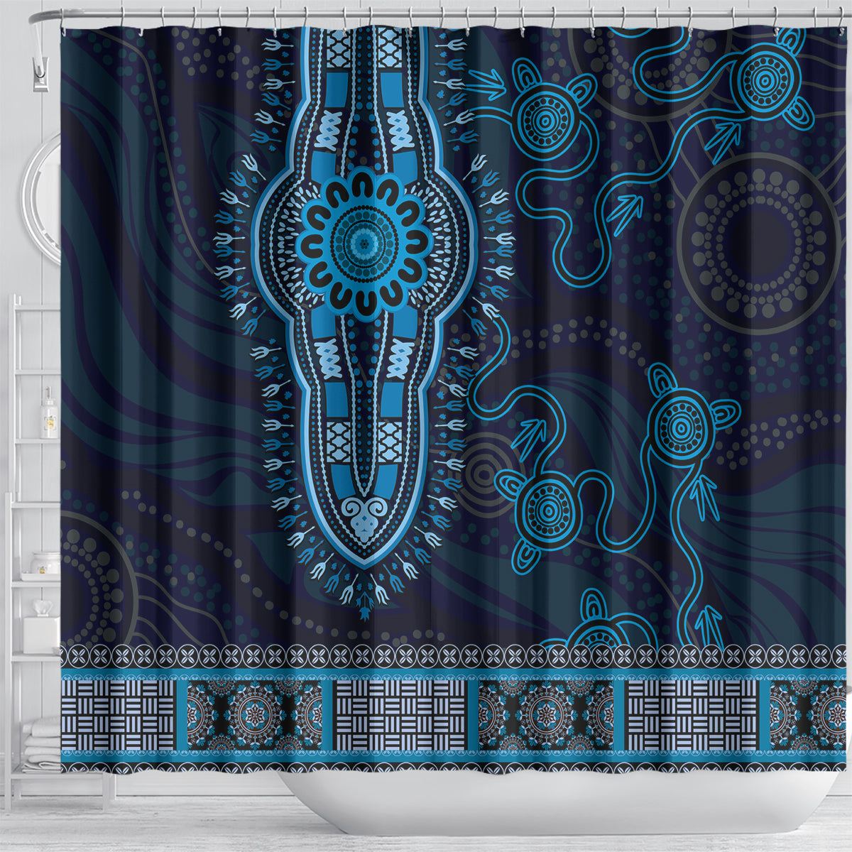 Blue African Dashiki With Australia Aboriginal Art Shower Curtain
