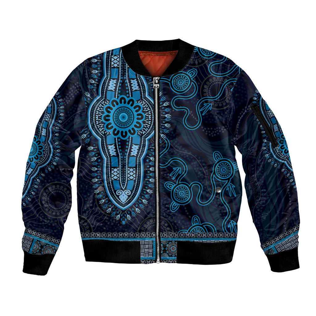 Blue African Dashiki With Australia Aboriginal Art Sleeve Zip Bomber Jacket