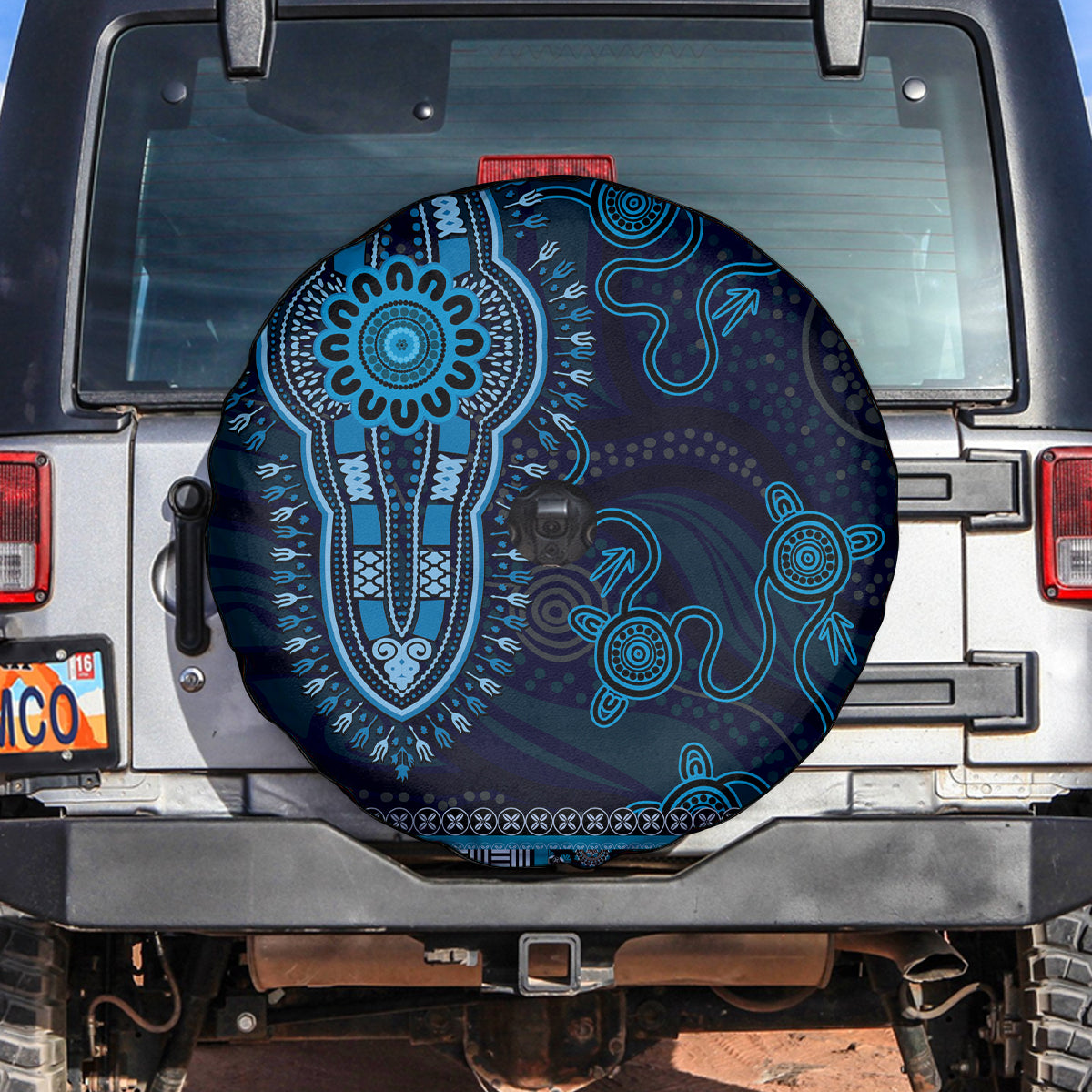 Blue African Dashiki With Australia Aboriginal Art Spare Tire Cover