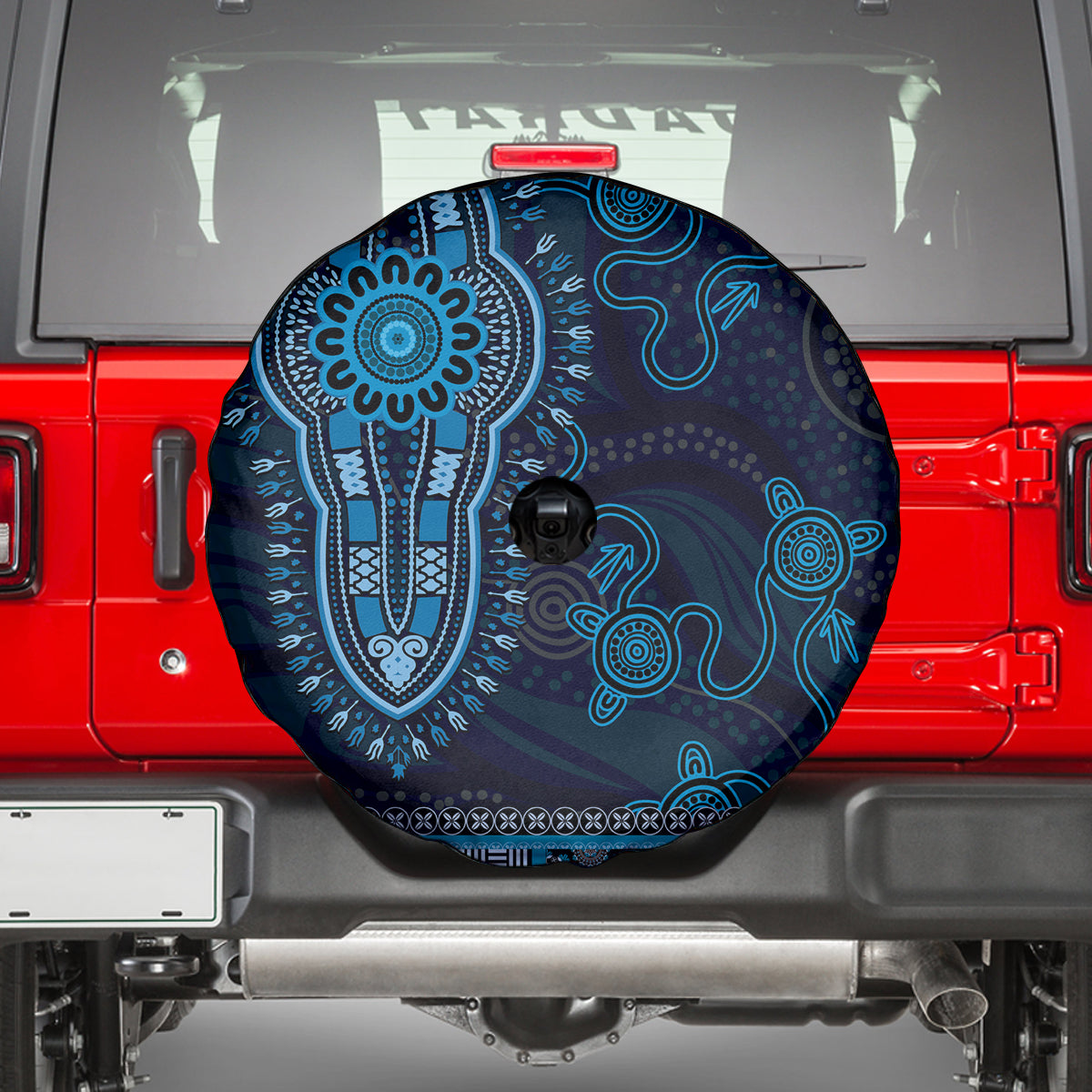 Blue African Dashiki With Australia Aboriginal Art Spare Tire Cover