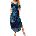 Blue African Dashiki With Australia Aboriginal Art Summer Maxi Dress