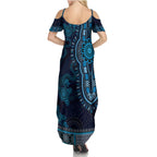Blue African Dashiki With Australia Aboriginal Art Summer Maxi Dress