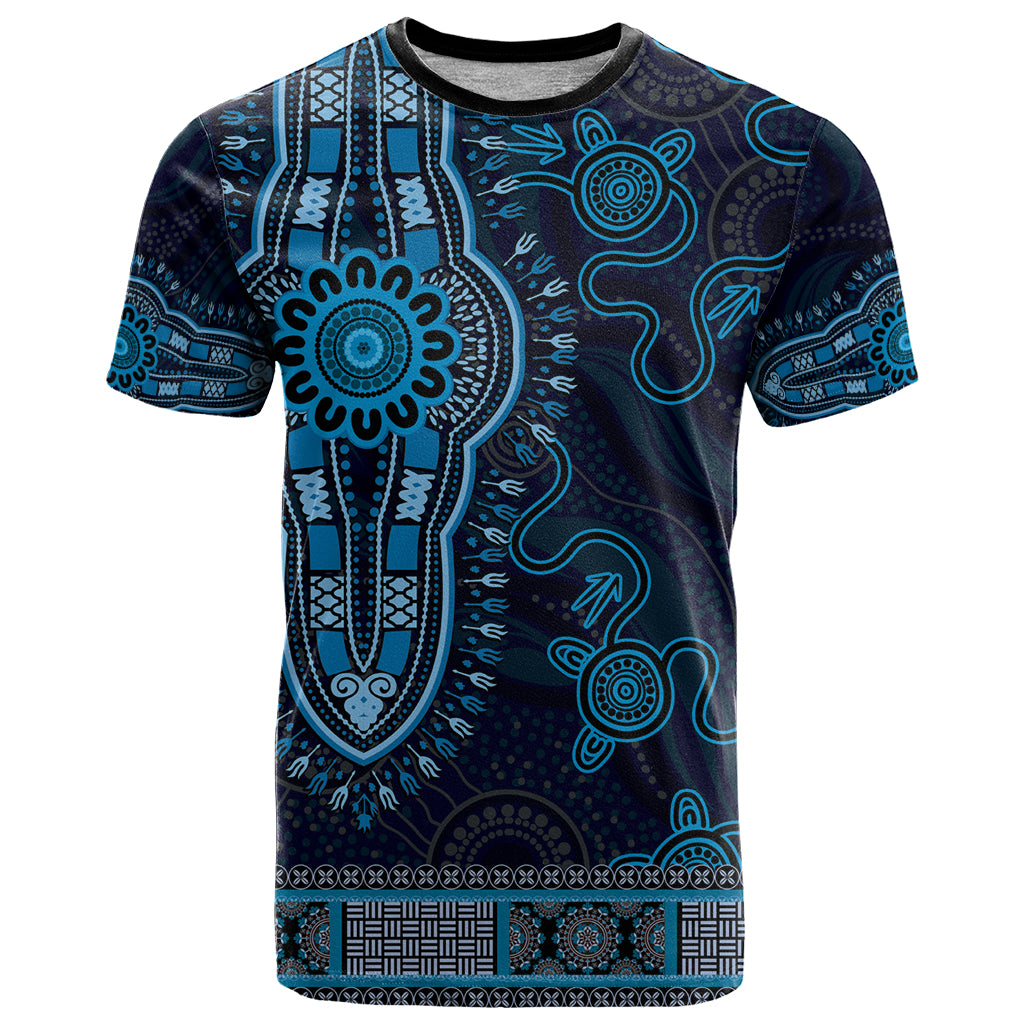 Blue African Dashiki With Australia Aboriginal Art T Shirt